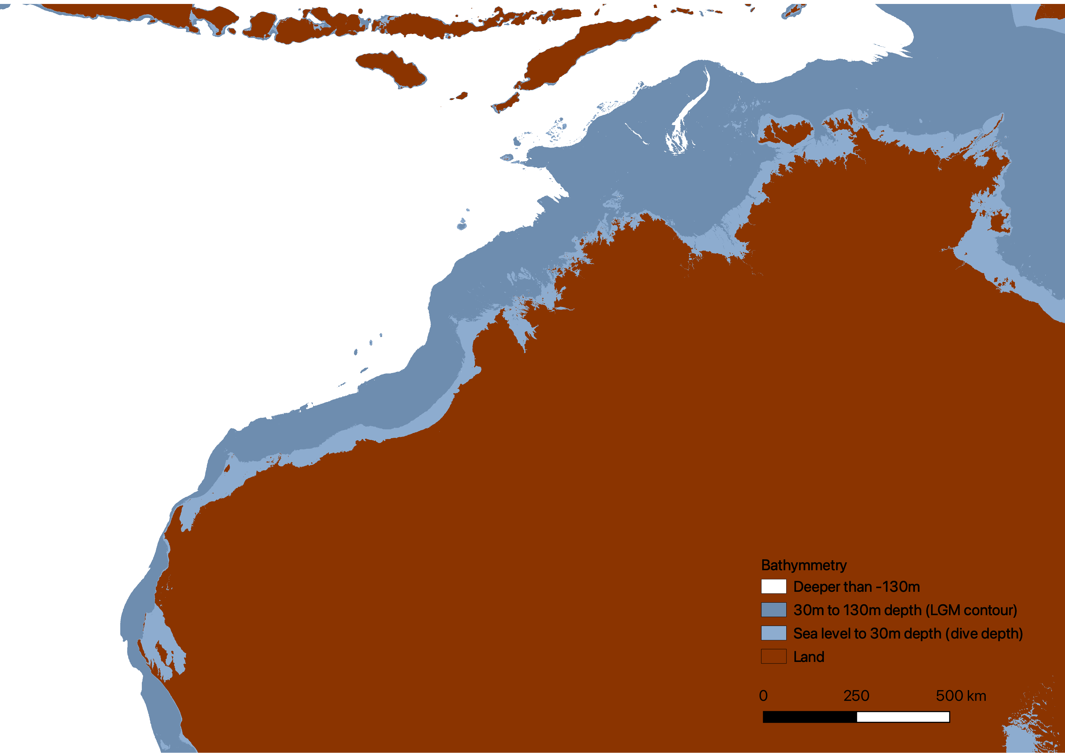 Estimate of submerged landscape extent using modern bathymetry (Whiteway, T. 2009)