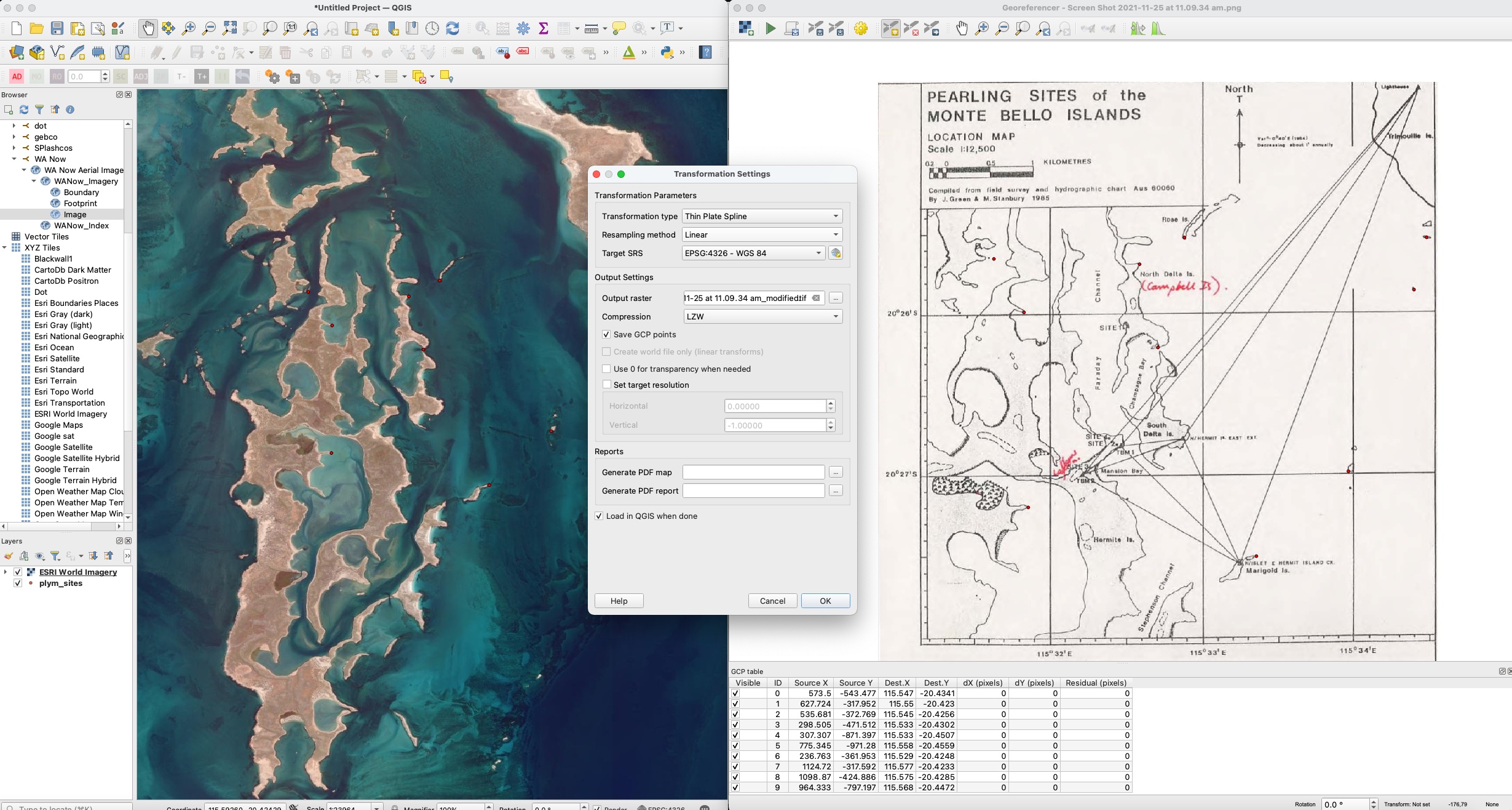 Georeferencing a WA Museum map of pearling sites, using QGIS